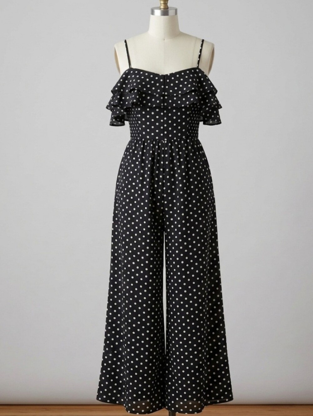 PrettyLittleThing Black & White Polka Dot Off-Shoulder Wide-Leg Jumpsuit